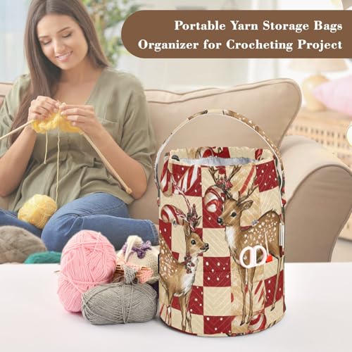 Image of Tatenale Crochet Bag Yarn Bag Knitting Project Bag with Pockets and Handle Portable Yarn Storage Organizer Tangle Free 8.3x11 InchChristmas Deers Checkered Red Candy Canes41