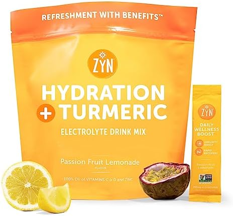 ZYN Electrolyte Drink Mix Hydration Packets (32 Servings), Passion Fruit Lemonade Electrolytes Powder, Hydration Packets w/Turmeric Curcumin, Vitamin C & D, Zinc, Hydrate & Recover Electrolyte Powder