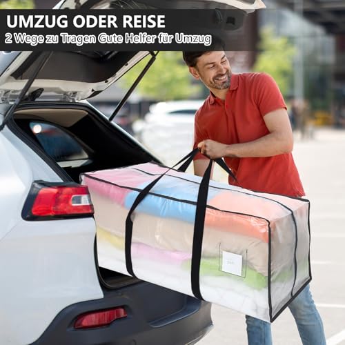 Dntorx 4 Stück 120L Aufbewahrungstasche, Heavy-Duty Umzugstaschen Transparente Umzugskartons Große mit Reißverschluss Griff Faltbar Aufbewahrungsbox für Umzug Camping Bettwäsche Kleidung Aufbewahrung