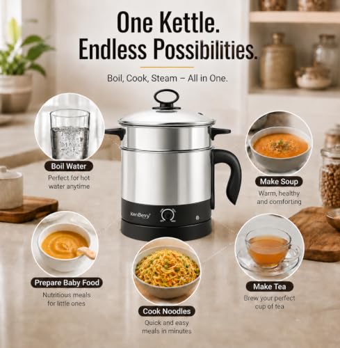 Image of KenBerry Stainless Steel 600 Watts Handy Cook Multi Electric Kettle 1.5 L With Steel Steaming Basket