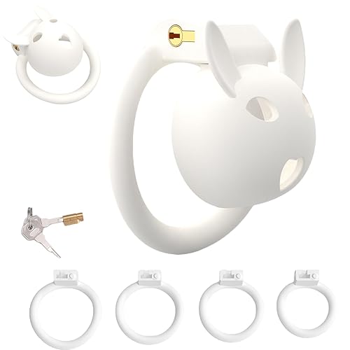 White Rabbit Ears Chastity Cage Sex Toy with 4 Different Sized Rings, Breathable CB Penis Cage with Concealed Lock for Men SM Bondage and Restraint