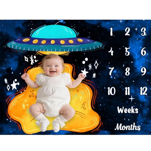 Image of UFO Baby Monthly Milestone Blanket, Spaceship Print, Blue, 48x40in | Soft Flannel, Alien Pattern, Starry Night Whimsical Design, Newborn Mom Gifts, Baby Shower Age Growth Tracker