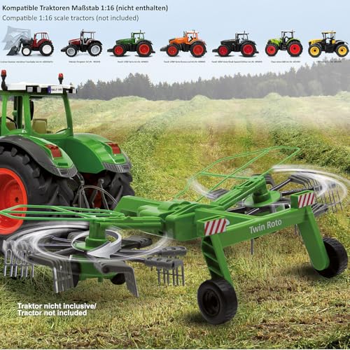 JAMARA 412411 Schwader Twin Roto für Fendt 1050 - Rotierende Zinken während des Fahrbetriebs, Ferngesteuerte Hochklappbare Auslegerarme, Anhängerkupplung vorne