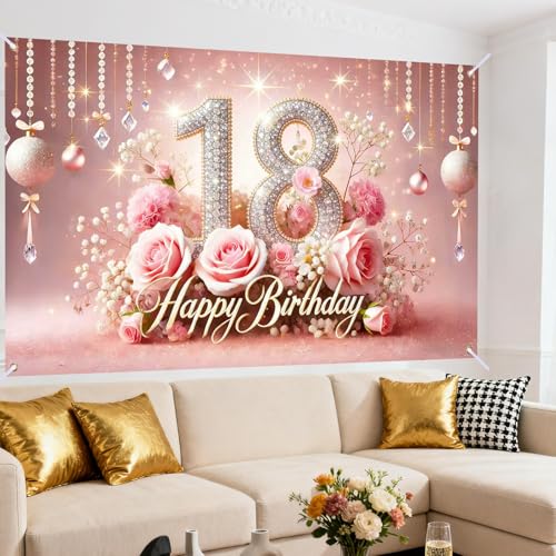 Image of Nuxovilar 15th Birthday Banner - Elegant Pink & Gold Floral Backdrop