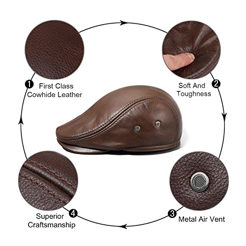 VEMOLLA Men's Real Cowhide Leather Beret Hunting Cap Beanie Trucker Cap Mens Sports Hat Ancient Brown L - Thumbnail 5