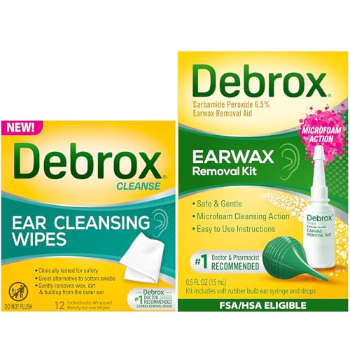 Debrox Ear Cleansing Wipes and Removal Kit, 12 Individually Wrapped Ear Cleaner Wipes, Bulb Syringe &amp; 0.5 Fl Oz Ear Wax Removal Drops
