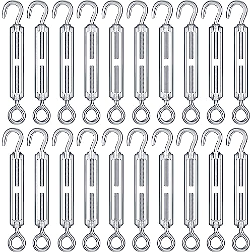 Pelopy 20 Pcs Hook and Eye Turnbuckle M5 Stainless Steel Turnbuckle, Metal Rope Tightener Cable Tensioner Turn Buckles for Garden Fence Gate Tent Wire Shade Sail Installation DIY Light String Hanging