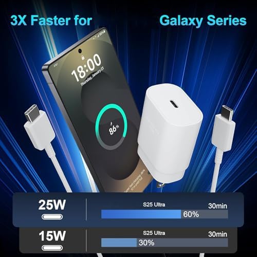 Image of 25W Super Fast Charging Adapter with 1M USB-C Cable | PD 3.0 PPS Wall Charger | Compatible with Galaxy S25 /S24 /S23 /S22, A56 /A55 /A35, Tab S10 Ultra /S10+, M & F Series Phones - White