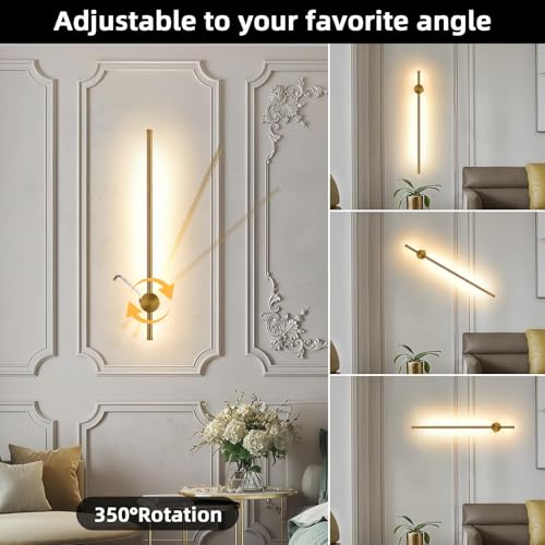 Image of Battery Operated Wall Sconce USB Rechargeable Sconces, 23.6 inch Brushed Gold Wireless Wall lamp Set of 2, 3000K-6000K & Dimming with Remote Control, LED Wall Lights for Living Room, Bedroom