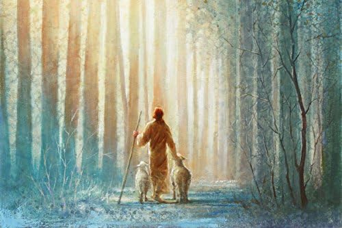 Havenlight Yongsung Kim - He Leadeth Me Painting - Jesus Walking with Two Lambs in A Forest of Tall Trees - 8" x 10" Print from