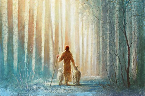 Havenlight Yongsung Kim - He Leadeth Me Painting - Jesus Walking With Two Lambs In A Forest Of Tall Trees - 8" X 10" Print From #TOP2