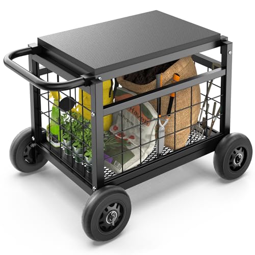 Image of Garden Cart with Seat,3-in-1 Rolling Seat with Wheels for Gardening Seniors | Upgraded Heavy Duty Gardenning Cart with Seat, Supports up to 500 LBS for Seniors, Lawn, Patio & Backyard Gardening, Black