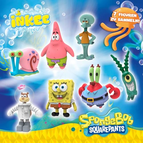 INKEE SpongeBob - Badebombe Kinder mit Überraschung - SpongeBob Schwammkopf Figuren zum Sammeln - Badekugel 80g mit Burgergummi-Aroma und Jojobaöl, Türkis oder Gelb