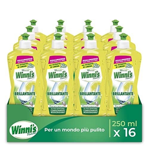 Winni's - Aditivo abrillantador para lavavajillas hipoalergénico, con extracto de limón ecológico, contra residuos y manchas, con materias primas de origen vegetal, 250 ml x 16 paquetes