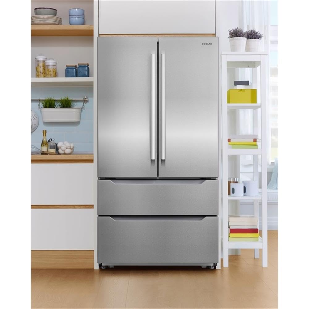 Pemberly Row French 4-Door Refrigerator, 22.5 Cu. Ft. Capacity, Counter Depth, Stainless Steel Finish, Fingerprint Resistant, LED Lighting, Automated Ice Maker, Adjustable Shelves, Soft-Close Doors on Fridge.com - View 2