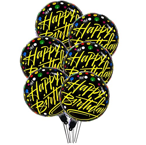 Image of Happy Birthday Round Foil Balloons Black with Colorful Dots Pack of 6