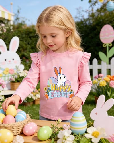 Image of Tkria Toddler Girls Happy Easter T-Shirt Bunny Eggs Ruffle Long Sleeve Shirt Kids Tee Top 2-7T