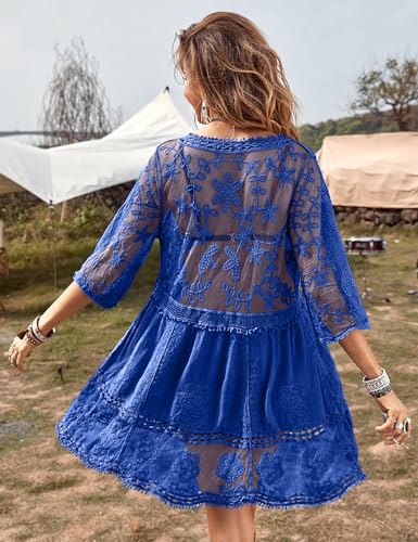Image of Eomenie Women's Contrast Lace Bathing Suit Cover Up V-Neck Swimsuit Coverups Loose Swimwear Beach Dress Beachwear