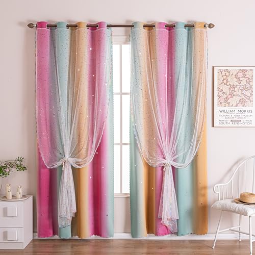 Image of 52x72 Kids & Girls Rainbow Ombre Double Layer Star Cutout Blackout Curtains with Foil Print Sheer, 2 Panels Set - Orange Green Magenta