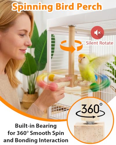 Image of Bird Perch Toy, Kiln-Dried Wood Interactive 360 Spinning Cage Toy(S) | Exercise Wheel Parrot Toy, Enrichment Cockatiel Toy for Bird Cage, Bird Cage Accessories Perch Toy for Budgies Lovebirds