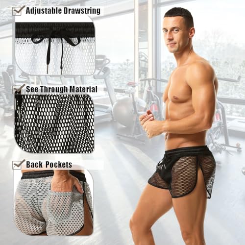 Mens Mesh Boxer Shorts See Through Hot Short Pants Split Side Rave Shorts with Pocket4