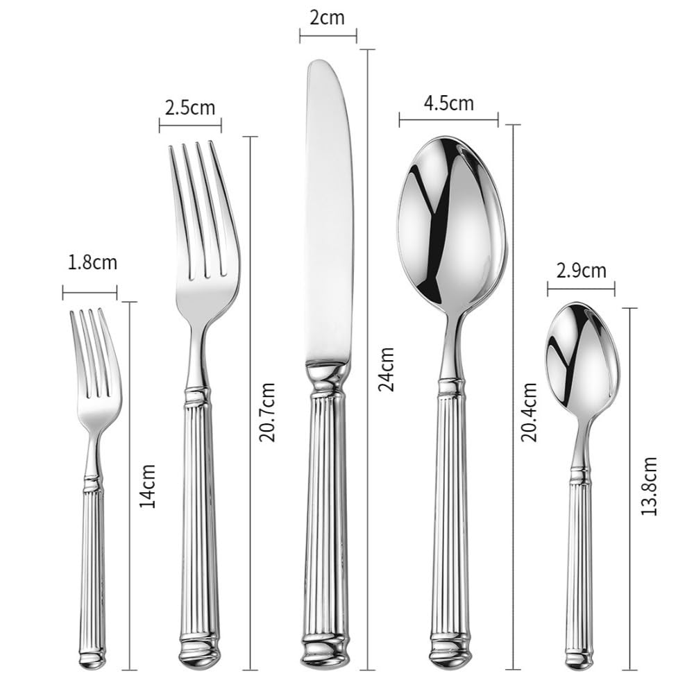 Luce Di Lusso Forgiato Solido Romano Colonna Manico Cucina Acciaio Inox Argenteria Stoviglie Posate Set Bistecca Coltello Forchetta Cucchiaio Cucchiaino (Argento,20 pezzi)