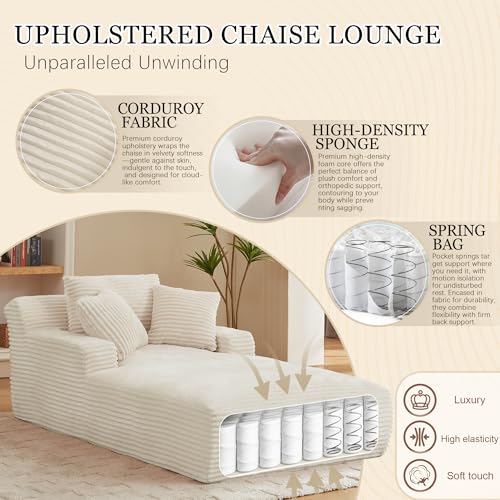 Image of 80 Inch Chaise Lounge Chair Indoor, Oversized Corduroy Upholstered Boneless Sofa Bed, Deep Seat Sleeper Couch Reading Chairs, Cloud Sofas Couches for Living Room, No Assembly Required (Beige)