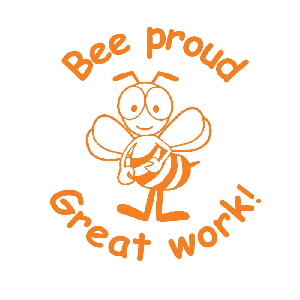 Classroom Capers Orange Bee Proud Great Work Teacher Stamp. Self-Inking, 22Mm, Reinkable, Quality Stamper For Marking. Ink
