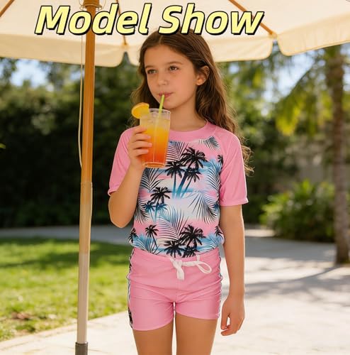 Image of Lovekider Girls Swimsuits Two Piece Rash Guard Set Short Sleeve Bathing Suit Liner Swimwear with Sun Protection 3-12T