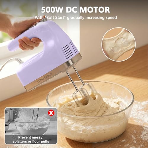 Image of Lord Eagle 9-Speed Digital Hand Mixer Electric Handheld, 500W DC Motor Kitchen Mixer for Cake Baking, Lightweight Egg Beaters with Stain-resistant & Waterproof Storage Bag & 6 Accessories, Purple