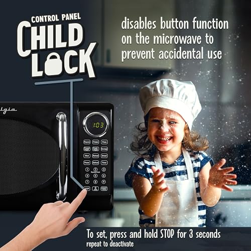 Nostalgia Retro Microwave Oven 0.7 Cu Ft, 700-Watt Countertop Size with Glass Turntable, Child Safety Lock, 8 Auto-Cook Programs, Digital Clock, Black