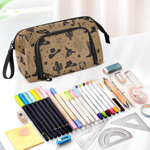 Image of Western Cowboy Brown Pencil Case Pouch Big Capacity Pencil Bag Box Organizer Pen Case with Handle Stationery Organizer for Girls Boys Women School College Office