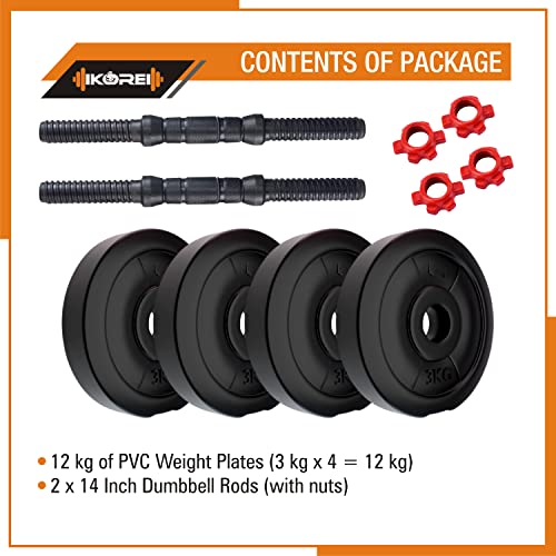 Image of Kore Pvc 12 Kg (3 Kg X 4) Combo 16 Dumbbells Set, Multicolor