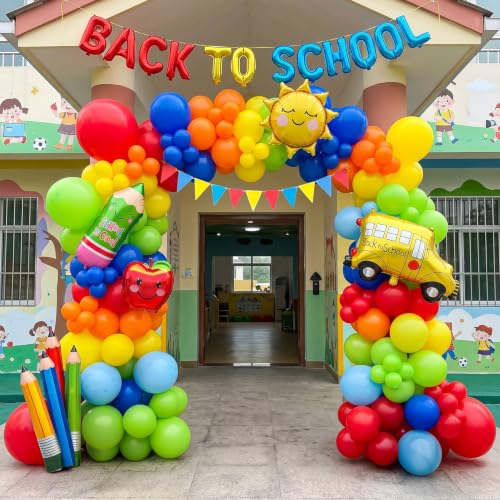 Image of Back to School Red Yellow Blue Balloon Garland Kit, Preschool First Day of School Decorations, Rainbow Pencil Bus Sun Apple Foil Balloons with Banner, Kindergarten Graduation Classroom Supplies