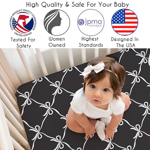 Image of Sweet Jojo Designs Fitted Baby Crib Sheets (Black and White Bows) for Girls, Infant Nursery, Toddler Room - Standard Size (White & Black Bow for Shabby, Ballet, Dancer, Ballerina Princess Collection)