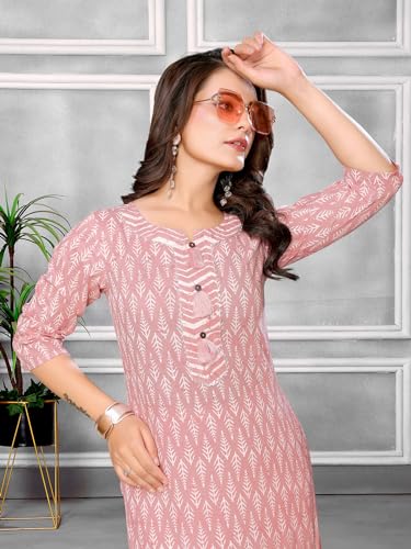 Image of rangita Peach Cotton Printed Straight Kurta with Pant | Kurta Set for Women