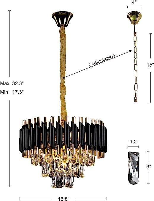 Image of BASLASH Modern Crystal 400mm Chandelier Black and Gold Chandelier Round Chandeliers Pendant Ceiling Light Fixture Flush Mount Chandelier for Dining Room Living Room Bedroom Foyer Hallway Entryway