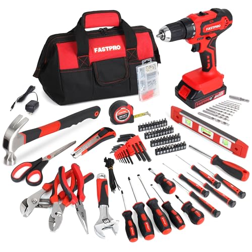 FASTPRO 232-Piece 20V Cordless Lithium-ion Drill Driver & Home Tool Set, Household Repairing Tools Kit with Drill, 12-Inch Wide Mouth Storage Bag, Red