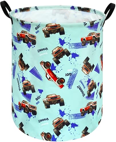 Image of HUAYEE 19.7 Inch Boys Laundry Basket Cars Laundry Hamper Storage Basket Fabric Material Organization Basket, Storage Bin, Toy Box,Gift Basket with Handles for Room
