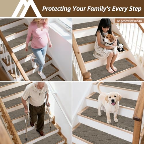 Image of COSY HOMEER Stair Treads for Wooden Steps 9 inchx28 inch Washable Indoor Carpet Stair Treads Non Slip Soft Polyester Stair Carpet Tread Reusable Stair Runner Rugs for Kids, Elders,Pets,Light Brown,15pcs