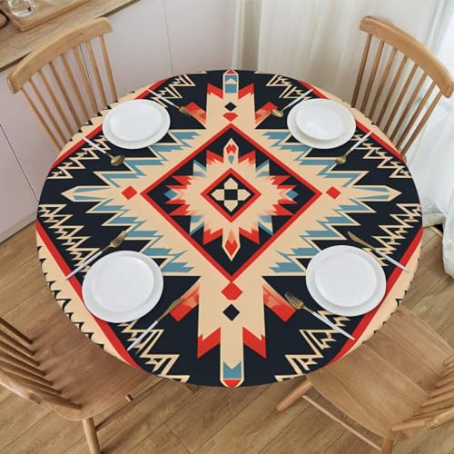 XYFCS Round Fitted Tablecloth Vintage Bohemian Aztec Ethnic Table Cloth with Elastic Edged Waterproof Wipeable Round Table Cover for Patio Parties Outdoor Decor, 40