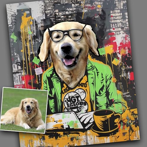 Funny Custom Portrait from Photo, Dog, Cat, Pet Collage Art, Customizable Portraits in any Costume or Attire, Canvas Print Custom003 14×18 Unframed