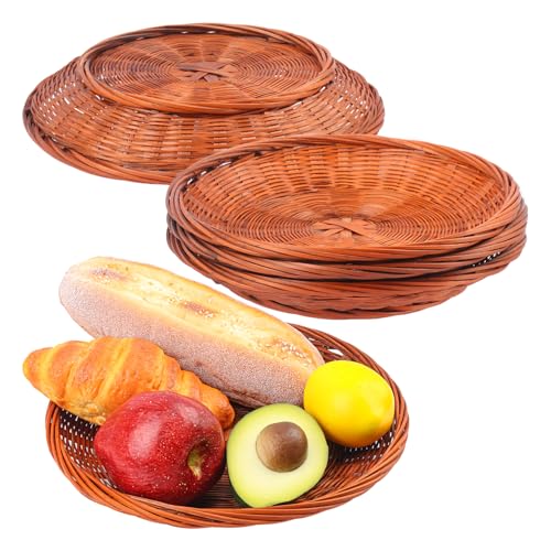 GNIEMCKIN 5 PCS 9.8 inch Bamboo Paper Plate Holder Hand Weave wicker plate holders for Parties Picnic and Barbecue Reusable(Coffee).