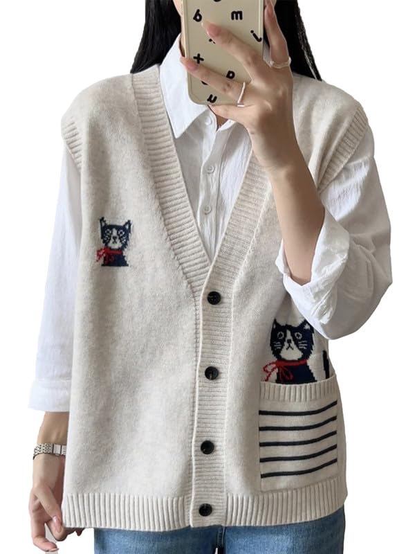 Image of CORIRESHA Girl Cute Cat Rabbit Embroidered Sweater Vest Button Sleeveless Knit Cardigan