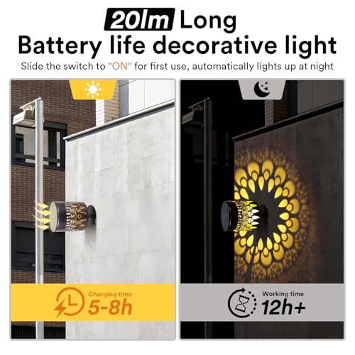 Image of Neoglint Warm White Solar Fence Lights Outdoor Metal IP55 Waterproof | Projects peacock pattern, Durable iron & ABS, 12h long illumination, Auto ON /OFF for garden, wall, deck and step decor