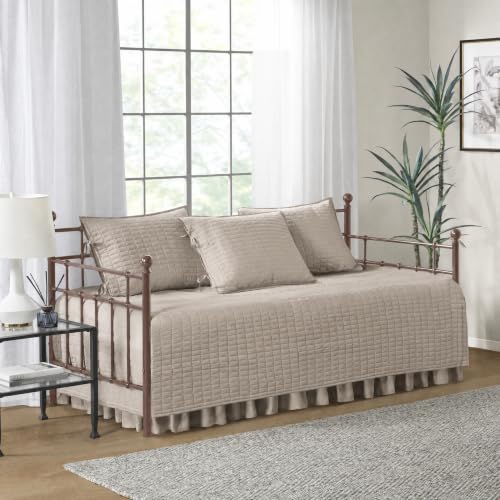 Image of Comfort Spaces Daybed Cover - Luxe Double Sided-Quilting, All Season Cozy Bedding with Bedskirt, Matching Shams, Kienna Taupe 75 inchx39 inch 5 Piece