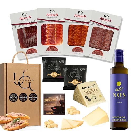 UNIVERSO GOURMET | Cesta Gourmet para Regalar de Ibéricos | Aceite Oliva Virgen Extra | Embutidos Ibéricos Bellota | Jamón Paleta Ibérica, Lomo Ibérico, Queso| | Pate Pedro Ximenez y Picos Artesanos