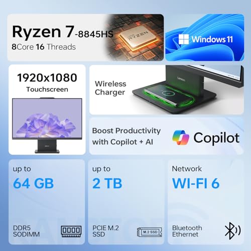 Image of Lenovo IdeaCentre Business All-in-One PC, 27 inch FHD Touchscreen 100Hz Display, AMD Ryzen 7 8845HS, 16GB DDR5 RAM, 1TB SSD, Win11 Home, Wireless KB & M, Copilot-Ready, Bundle with Adata UC310 64GB