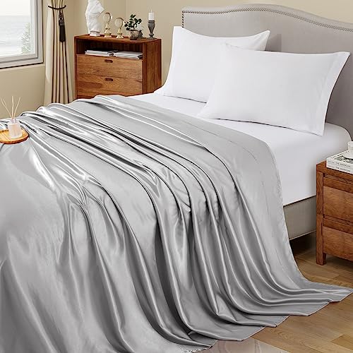 Image of Ersmak Satin Flat Sheet Only, Single Flat Sheet King, Luxury & Ultra Soft Silky Bedding Top Sheet for King Mattress - Grey