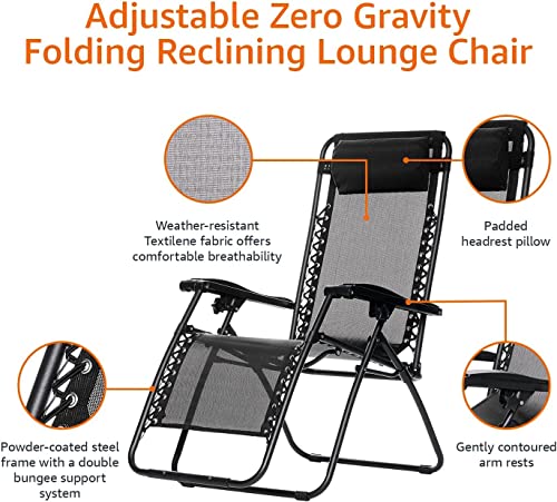 Image of Ash & Roh Zero Gravity Lawn Chair Anti Gravity Lounge Chair Adjustable Recliner Pillow Outdoor Camp Chair for Poolside Backyard Beach, Support (Black)